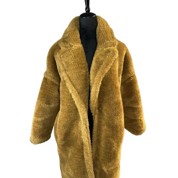 ZARA DIRTY YELLOW TEDDY LONG LINED COAT XS ( open front ) - Picture 2 of 12